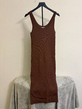 The Drop Brown Ribbed Knit Sleeveless Midi Tank Dress